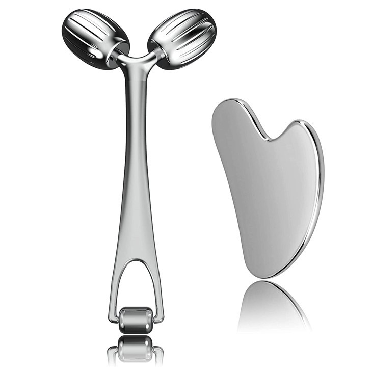 Metal Face Roller Gua Sha Massage เครื่องมือสำหรับการดูแลผิวหน้าคอหน้าคอ