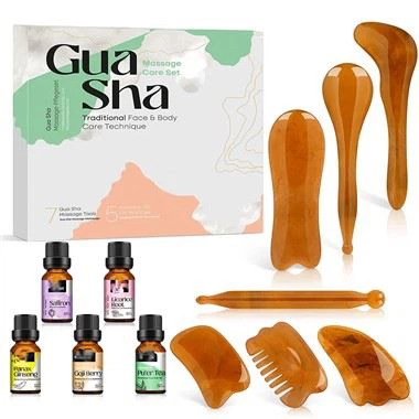 เครื่องมือใบหน้า Gua Sha และชุดน้ำมันนวด